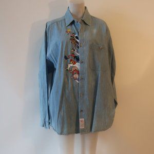 Mens Too Cute Blue Denim Bugs Bunny Toons Characters Blue Button Shirt XL *